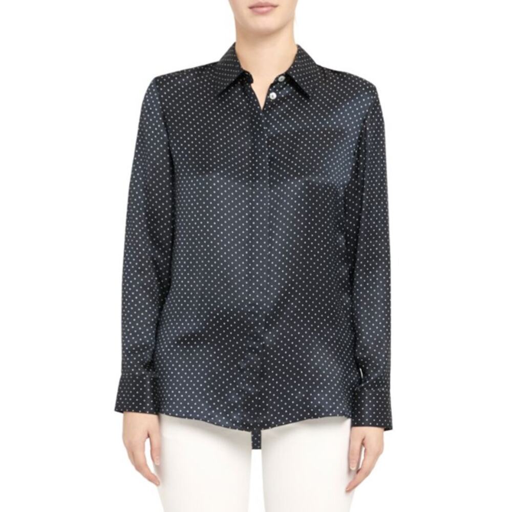 Theory Women's Blue Classic Straight Polka Dot Saglia Button Shirt Size Small